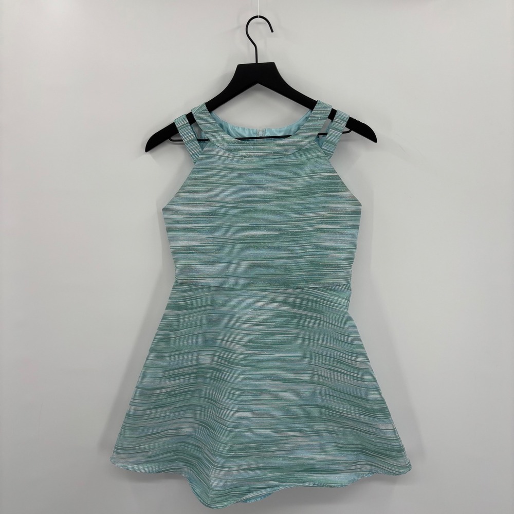 The Childrens Place Girls Striped Fit & Flare Party Dress Girls 16 Teal Metallic